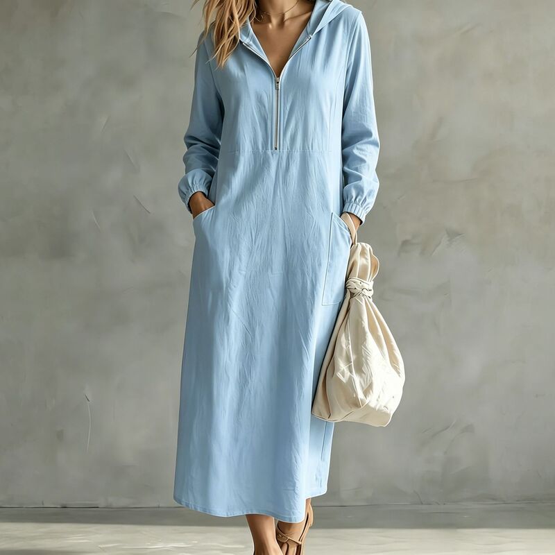 2026 Autumn Cross-Border European and American Hooded Half-Zip Cotton-Linen Long-Sleeve Dress with Cuffed Sleeves, Vacation Style, Casual Style