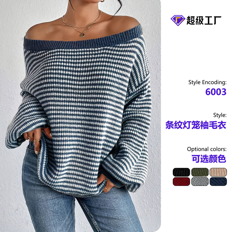 Autumn and Winter New Style One-Line Collar Stripesd Off-Shoulder Knitwear with Dropped Shoulder Sleeves, Lazy Fashionable European and American Style Versatile Pullover Knitwear