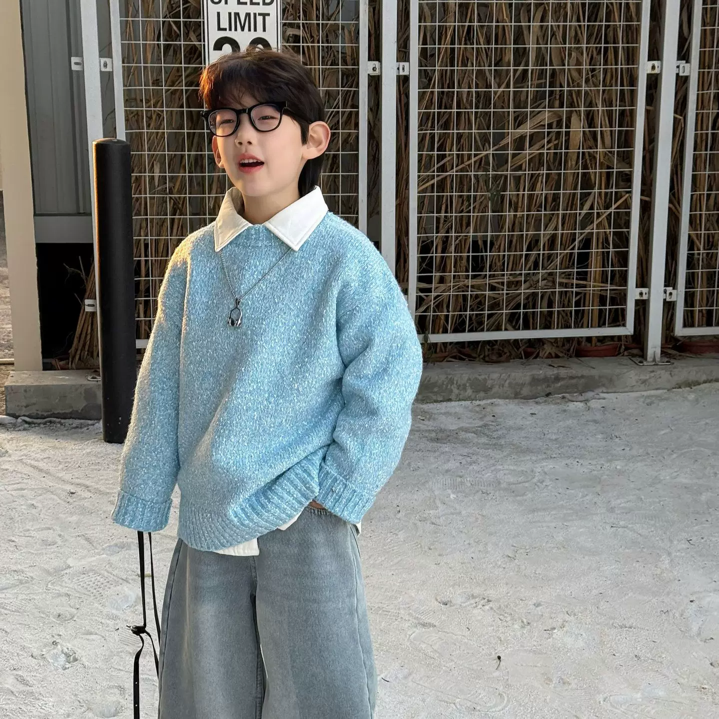 泰如 2025冬季新款韩版男童纯色加绒加厚保暖圆领毛衣儿童上衣潮