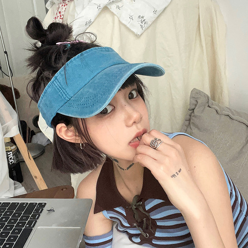 Outdoor Sunshade Blue Tennis Hat Running Bucket Hat for Women Sports Washed Vintage Summer No Brim High Ponytail Hat
