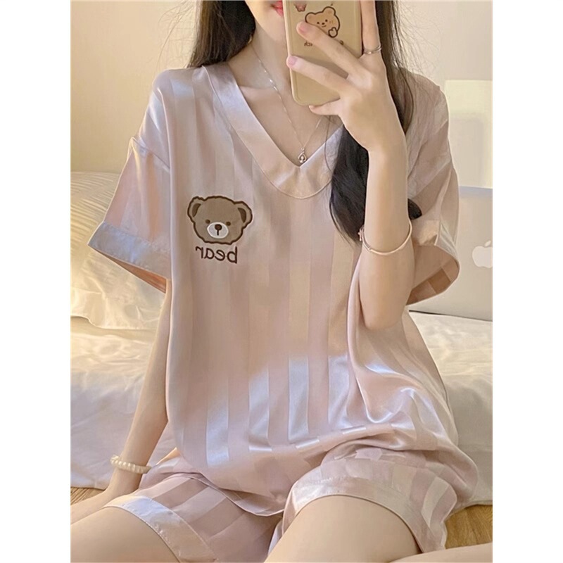 High-End Accessible Luxury Silk Bear Pajamas for Women Summer Ice Silk Short-Sleeved Cute and Sweet V Neck Home Clothes That Can Be Worn Outside