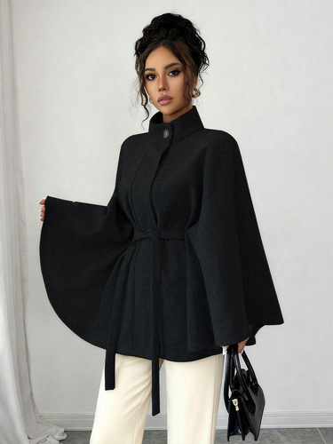 European and American cross-border women's clothing 2026 elegant stand-collar lace waist cloaked style design and atmospheric woolen coat