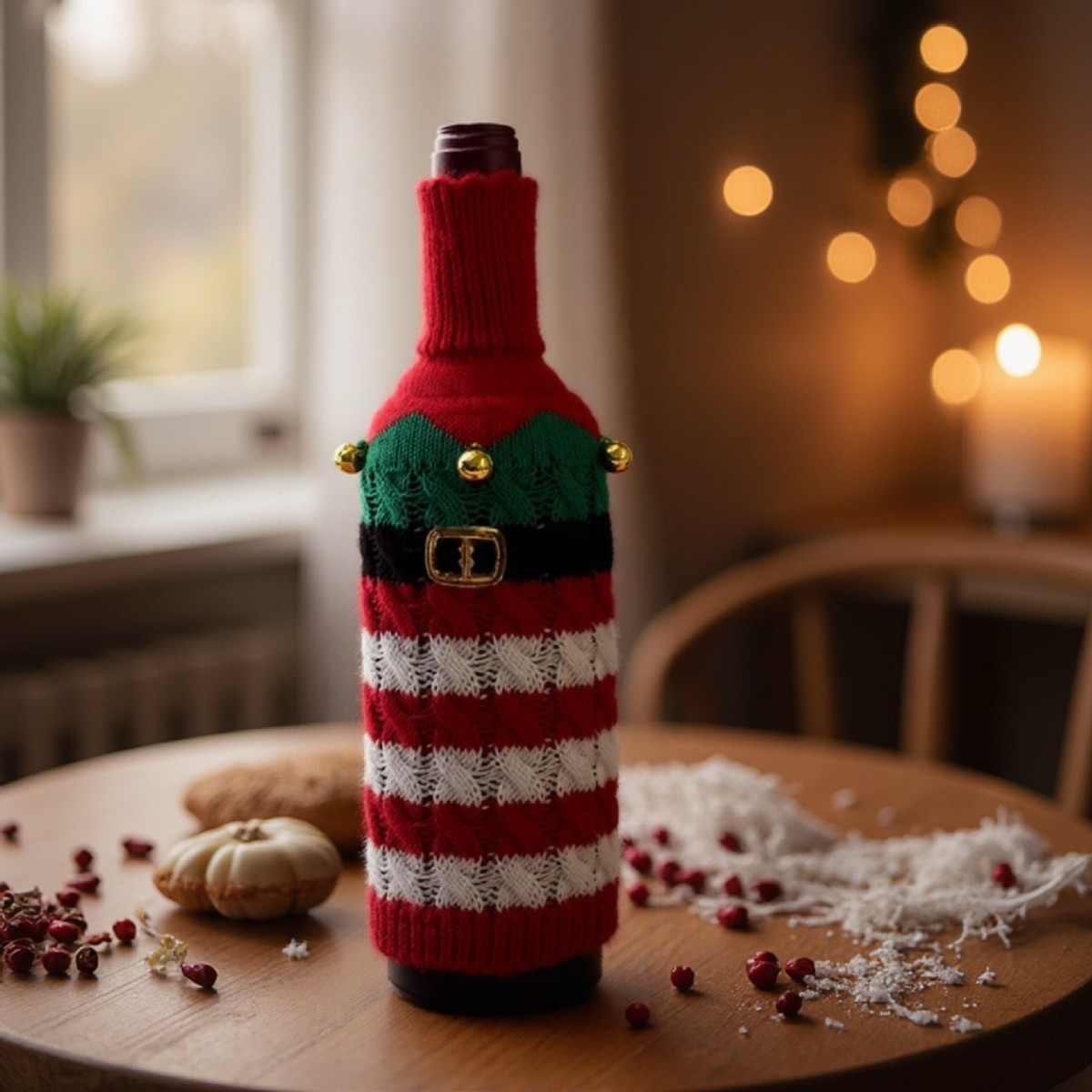 2024 새로운 와인 병 커버 크리스마스 크리 에이 티브 장식 용품 스트라이프 니트 주방 레스토랑 레드 와인 병 장식