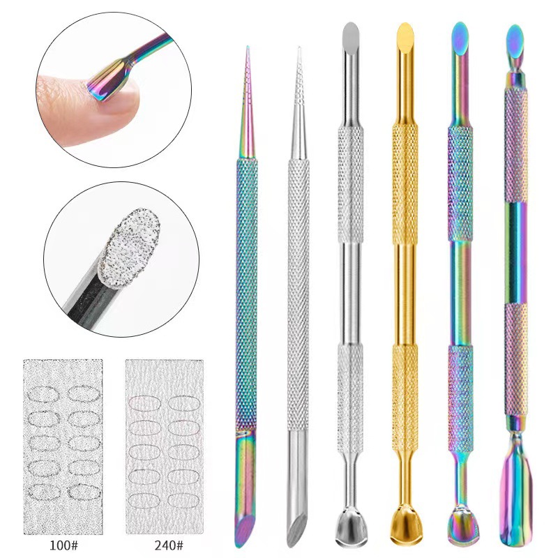 Nuevo producto transfronterizo manicura biselado de doble cabeza empujador de acero inoxidable grande, herramienta de descorazonador de piel muerta de boca curva redonda de acero inoxidable