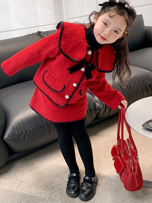 小香风女童夹棉外套2022新款洋气时髦套装冬季过年拜年服网红炸街|ms