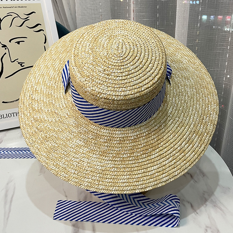 Pastorale Style D'été Grand Bord Chapeau De Plage Vacances Soleil Chapeau Dentelle-up Blé-paille Parasol Chapeau display picture 4