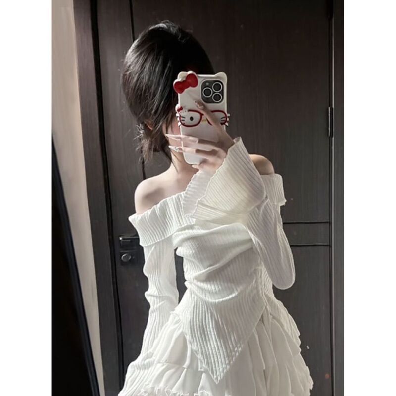 秋装新款芭蕾风辣妹设计感一字肩上衣甜美风半裙套装高冷白月光|undefined