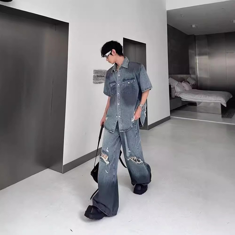 Korean Style Retro Old Dirty Dye Ripped Deconstructed Shoulder Pad Shirt suit Men's and Women's Street Fashion All-match Jeans