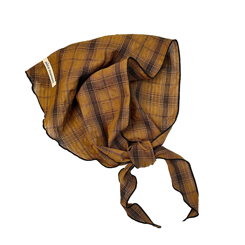 Bufanda triangular para mujer, estilo fino de primavera y verano, bufanda de seda literaria retro, bufanda para el cuello, pañuelo japonés a cuadros de algodón y lino, cinturón para el cabello, cabello atado
