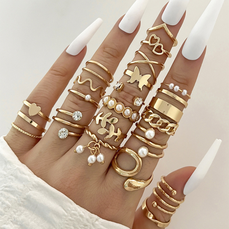 European and American Cross-Border Hot-Selling Jewelry Cut Out Heart Butterfly Multi-Joint Geometric Ring Set New Ring Accessories for Women