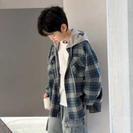 男童外套春秋款2026新款儿童装痞帅韩范格子连帽上衣大童秋装衬衫