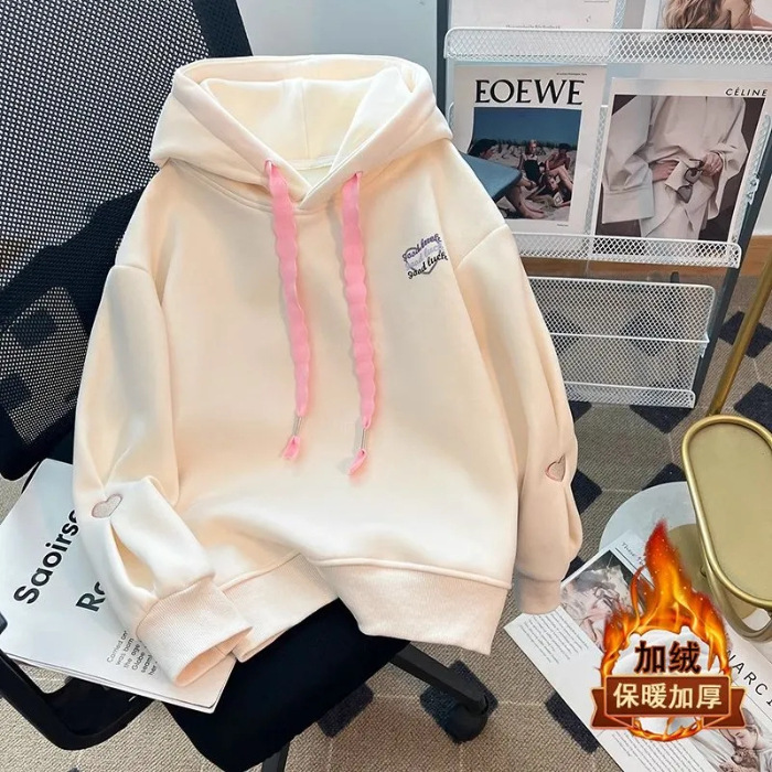 女童秋冬加绒卫衣2025新款冬季洋气时髦中大童刺绣连帽套头上衣潮|undefined