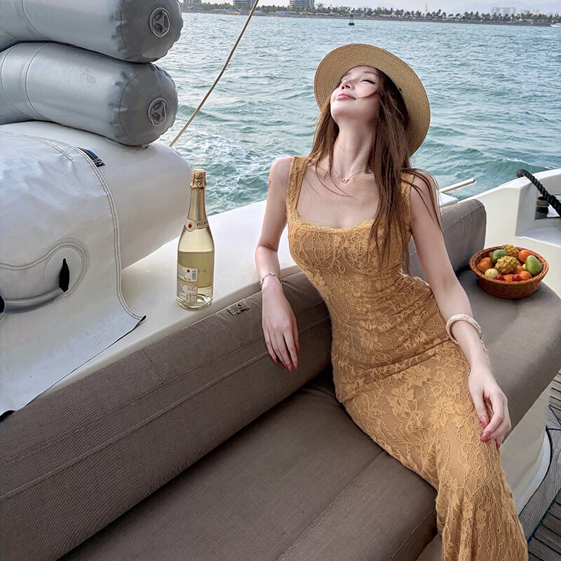 Birthday Dress French Square Neck Lace Strap Slim Fit Long Dress for Women Summer Sexy and Gentle Dress