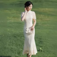 Кружевной рыбий хвост cheongsam новый 2024 улучшенный молодой молодой девушки благородный маленький человек может носить платье летом