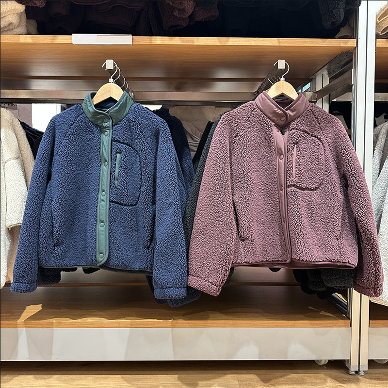 Japanese-style women's 26 autumn/winter faux lamb wool fleece patchwork jacket casual stand-up collar cardigan jacket 487594