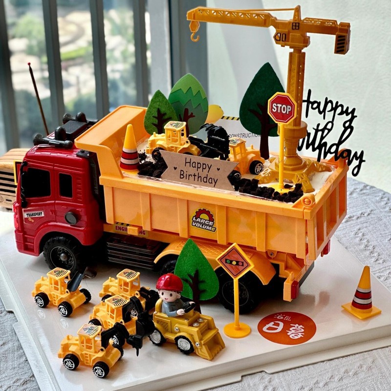 Camión volquete grande, decoración de pasteles, excavadora, camión de ingeniería, grúa torre, postre de cumpleaños para niños, accesorios de mesa