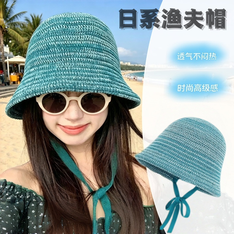 新款日系针织渔夫帽子女款夏季镂空编织透气盆帽大头围防晒遮阳帽