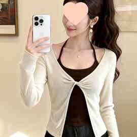 韩系防晒罩衫挂脖背心套装女2026新款秋季外搭扭结长袖上衣两件套