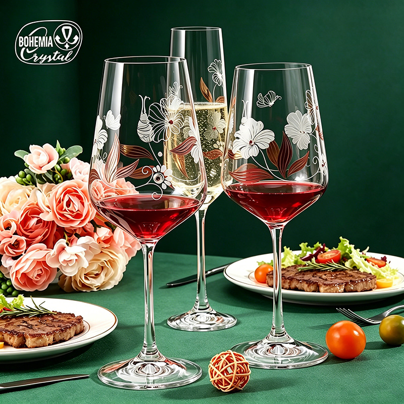 Tazas de cristal sin plomo importadas de alta calidad tazas de vino alto estilo europeo tazas de alto pie artesanía de relieve de lujo ligero tazas de champagne domésticas al por mayor