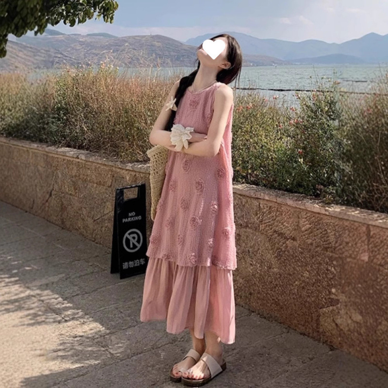 大码夏季法式复古温柔风假两件百褶无袖背心连衣裙女气质长裙|undefined