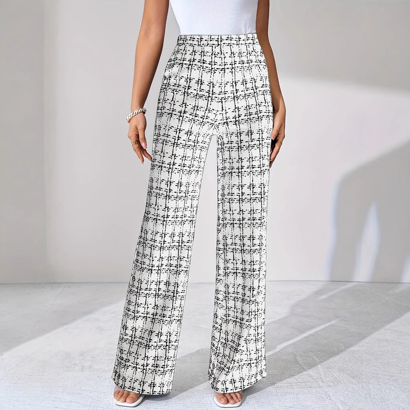 2025 New Cross-Border Foreign Trade Woven Plaid High-Waisted Straight Pants for Women, Spring, Summer and Autumn, Suitable for All Outings