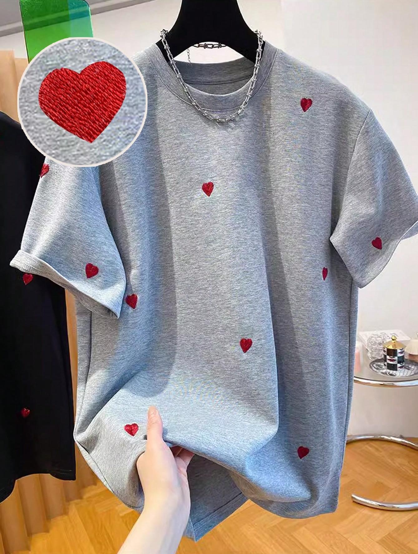 Women's Heart Embroidered T-Shirt Short Sleeved 3D Loose Fit European American Style Summer Top_ecoleips.com