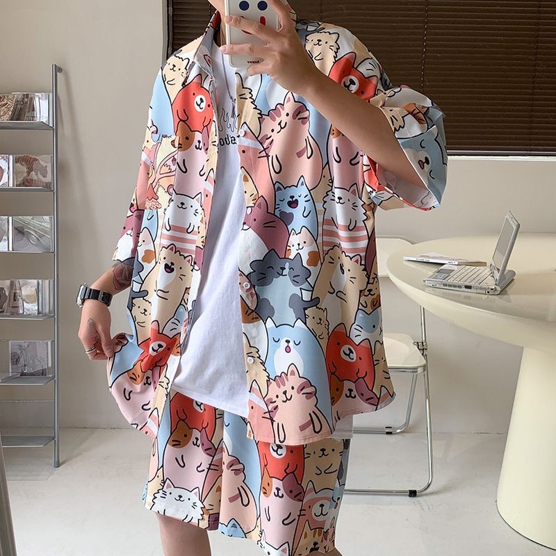 Beach Suit Men's Quick-Drying Summer Short-Sleeved Shirt Trendy Large Size Colorful Beach Shorts Couple Matchinging Two-Piece Set