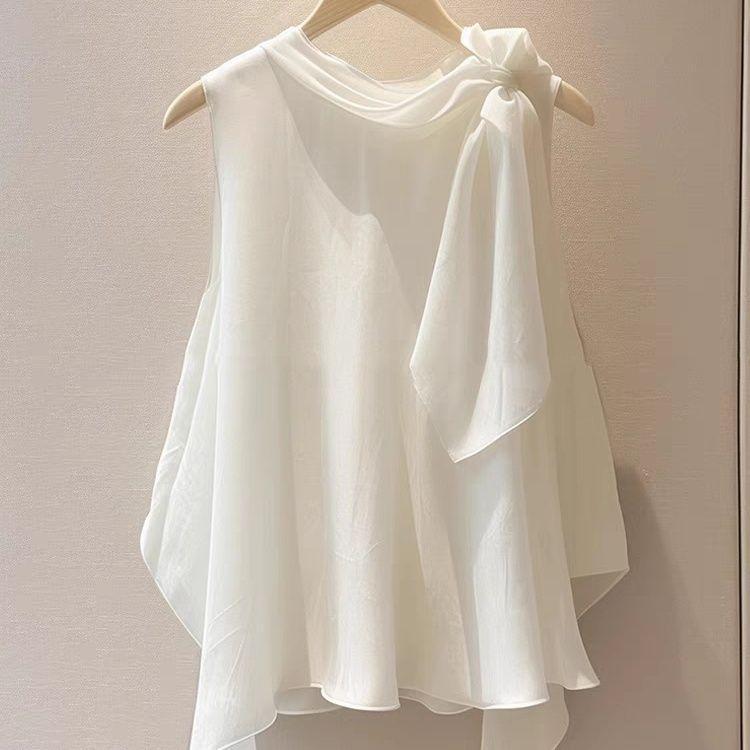 ユニークで美しい、ハイエンドでシックなフレンチトップレッドノースリーブシャツ2025新しい女性の夏|undefined