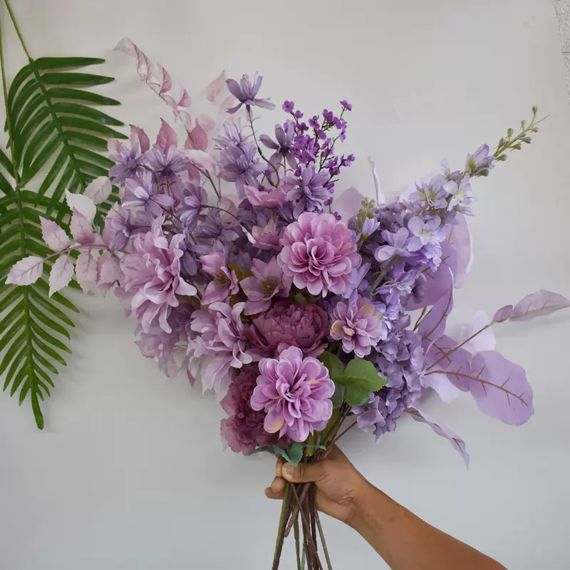 紫色仿真花婚庆紫色假花酒店婚礼堂装饰绢花婚礼布置绢花花叶批发
