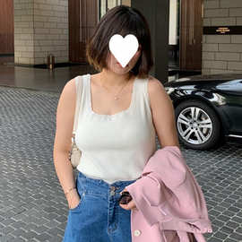 大码女装打底纯宽肩针织背心夏季微胖MM弹力显瘦百搭方领上衣女