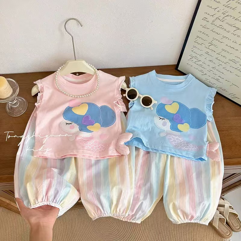 Pure Cotton Breathable Set 26 Children's Girls' Summer Outfit Children's Flutter Sleeve Striped Anti-Mosquito Pants Two-Piece Set Baby Summer
