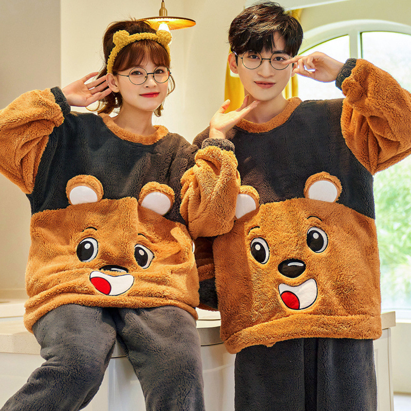 Invierno coral polar pareja pijamas de las mujeres lindo de dibujos animados engrosada franela caliente de los hombres ropa para el hogar traje Generación de pelo