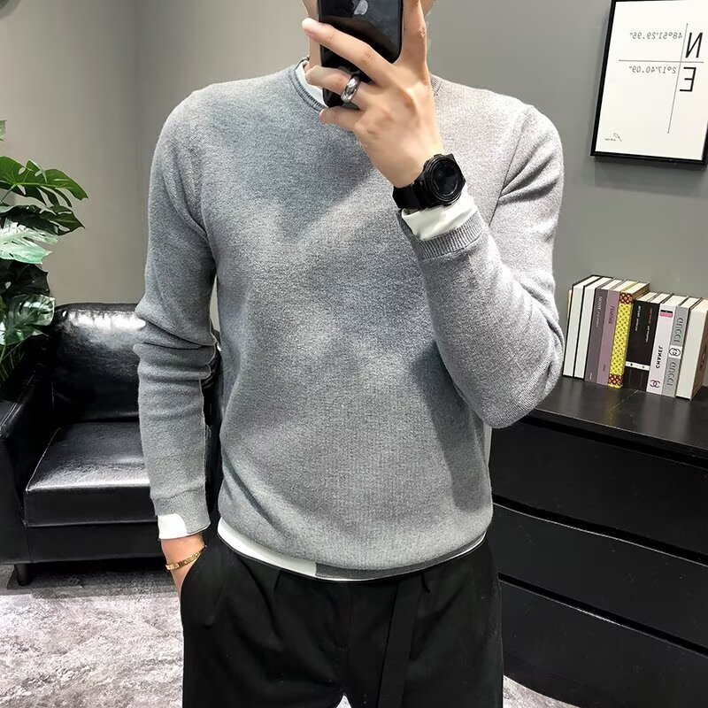 Spring and Autumn New Stylish Color-Blocked Faux Two-Piece Knit Sweater for Men, Slim Fit, Round Neck, Retro Trendy Casual Sweater