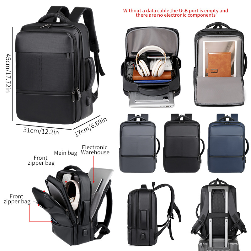 Nueva película de cuero a prueba de rociamientos mochila de gran capacidad de viaje de negocios colgante barra de tracción de embarque bolsa de computadora interfaz USB bolsa de viaje