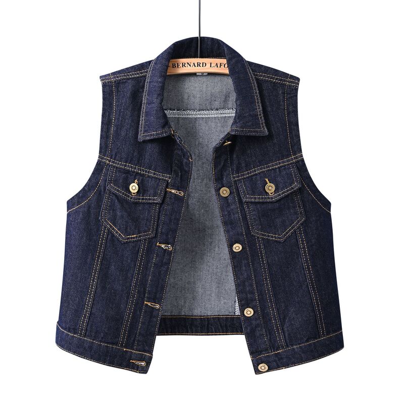 Foreign Trade Dark Blue Women's Denim Vest Top Sleeveless Vest Casual Retro Slim Style Vest Cross-Border