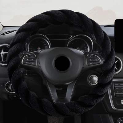 Cross-Border Popular Twist Plush Steering Wheel Cover Winter Female Cartoon Cute Internet Celebrity Short Plush Handlebar Cover Interior Parts (Steering wheel cover) - black-38cm
