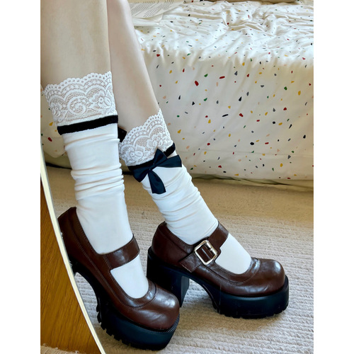 Pure Desire Versatile Japanese Cotton Knee-High Socks with Lace Edge and Bow Detail, Mid-Calf Socks for JK Lolita Everyday Mary Jane Socks