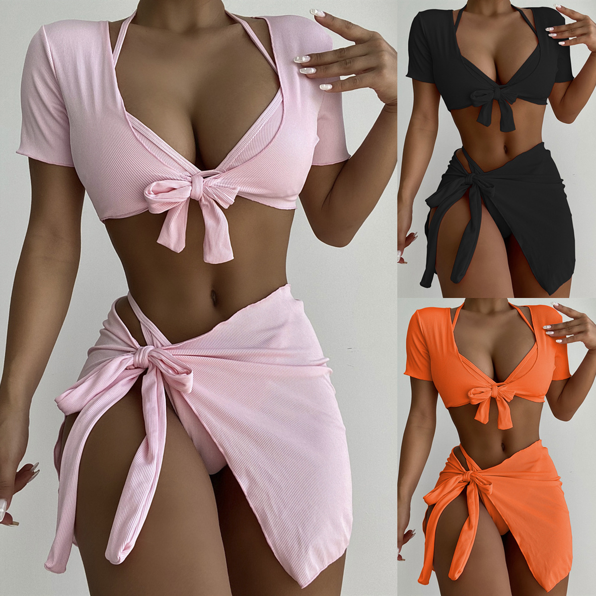 New Style Bikini Four-piece Swimsuit European And American Solid Color Bikini display picture 1