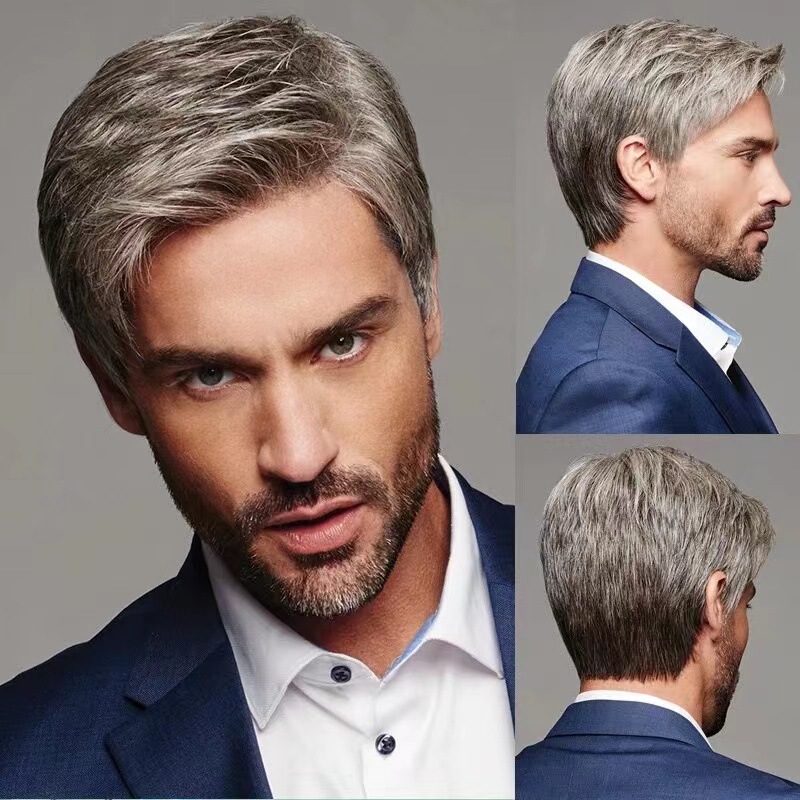 Cross-border new European and American Wig Men's gradient gray partial bangs short straight wig factory wholesale Cross-border new European and American Wig Men's gradient gray partial bangs short straight wig factory wholesale