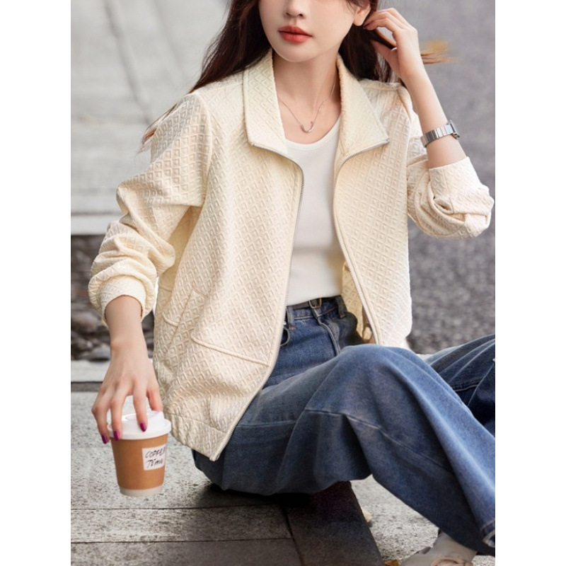 休闲时尚感翻领外套夹克女2024年春季新款格子绗棉透气针织上衣潮