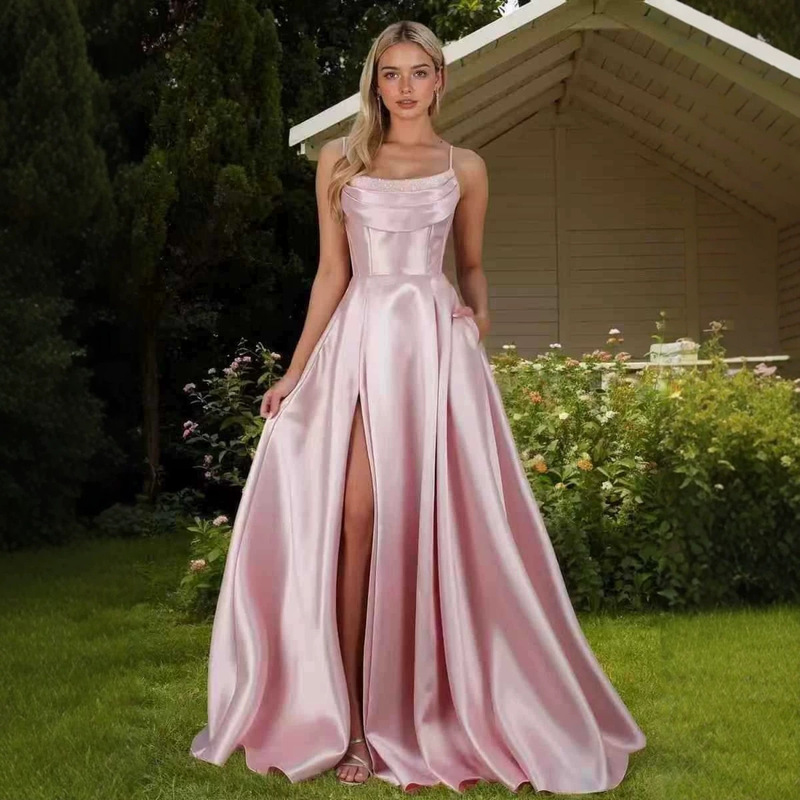 Ruched satin evening dress with straps, high slit, long train, party dress with pockets, evening ball gown Ruched satin evening dress with straps, high slit, long train, party dress with pockets, evening ball gown