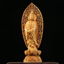 黄杨桧木雕台湾立莲花观音佛像摆件 南海念珠观音菩萨家居供奉品
