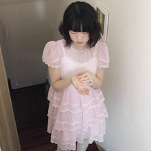 现货 粉色雪纺蕾丝微透连衣裙2025夏季女韩系叠穿隐形拉链蛋糕裙