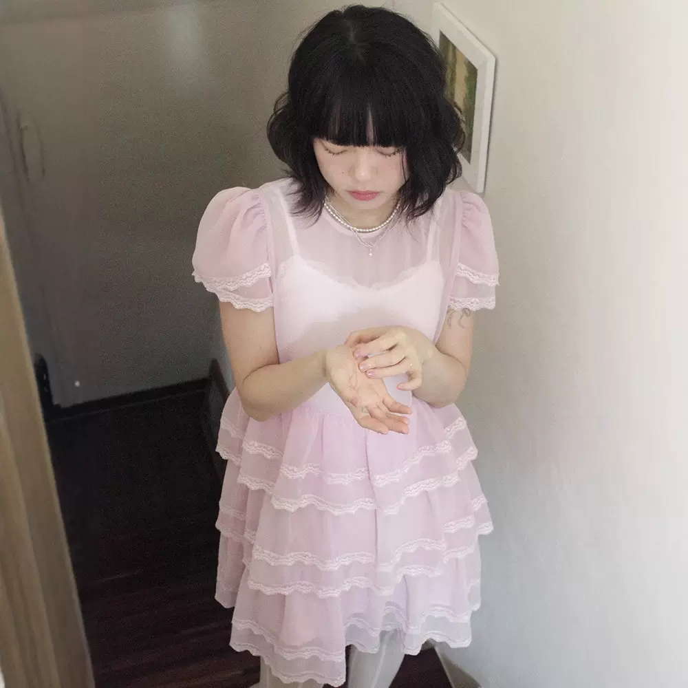 现货 粉色雪纺蕾丝微透连衣裙2025夏季女韩系叠穿隐形拉链蛋糕裙