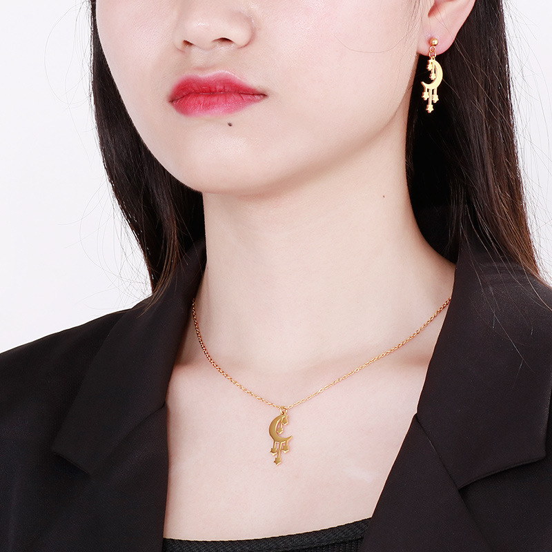 Fashion Star Moon Stainless Steel No Inlaid Earrings Necklace
