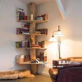 树形实木书架置物架木架子简易创意铁艺墙上置物书房落地书柜