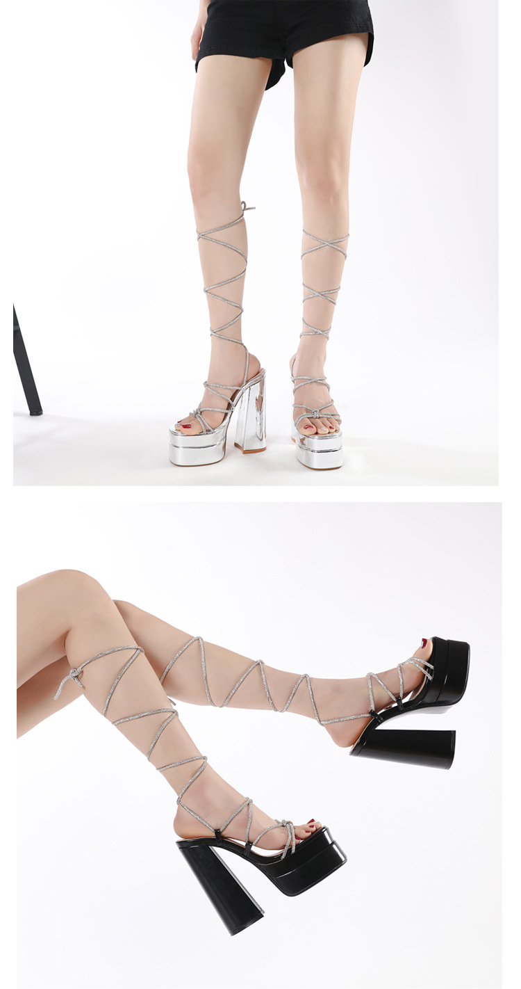 Dép sandal cao gót La Mã đính đá Rhinestone, quai dây buộc cỡ lớn — Màu đen chi tiết 2