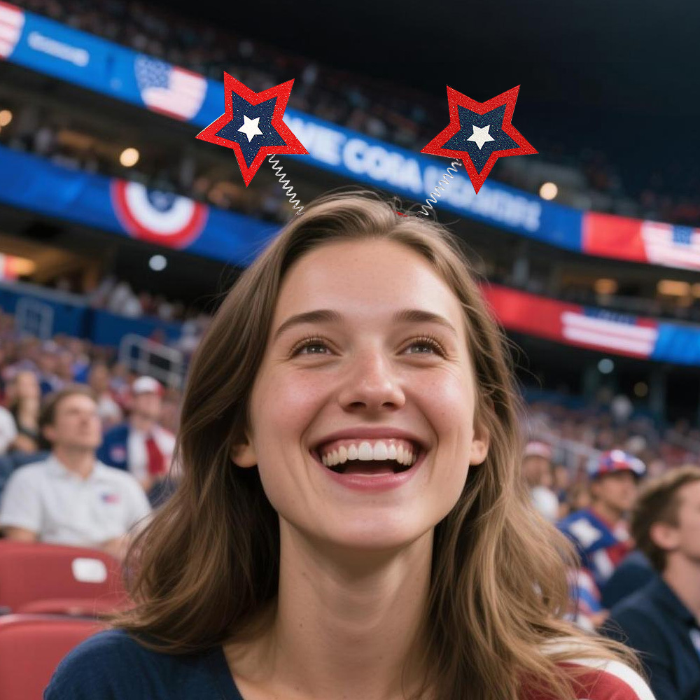 Estados Unidos, Canadá, México, decoraciones de la Copa del Mundo, fanáticos estadounidenses, bandas de pelo, porristas de fútbol, cheerleaders, bandera de Estados Unidos, cabeza