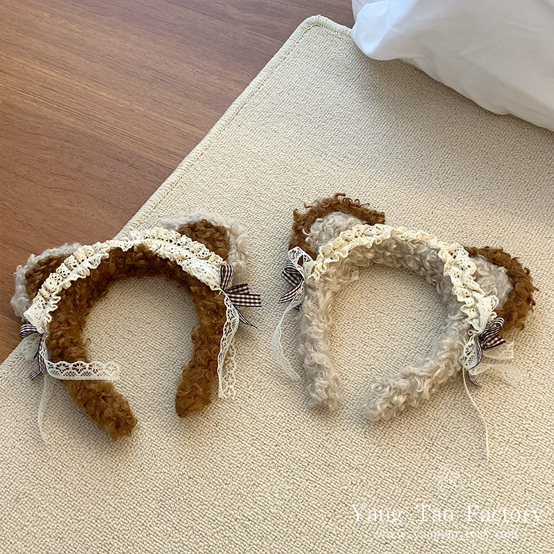 Bonito oso orejas cabello de cordero de encaje en el hogar lavarse la cara 2024 nuevo red lavarse la cara