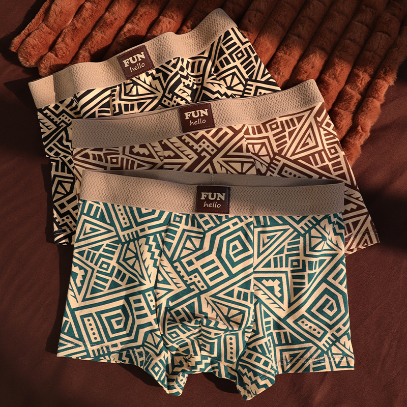 Multiple Packs of Men's Retro Ethnic Style Breathable Cotton Boxer Briefs with Trendy Mayan Print